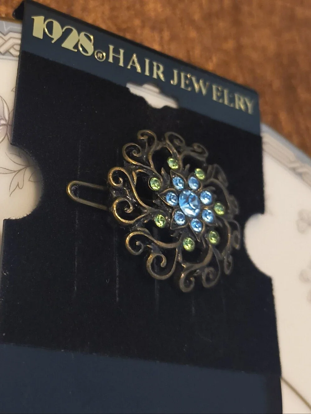 Vtg 1928 Hair Jewelry Clip Filigree Gold Blue Green Rhinestone New Old Stock